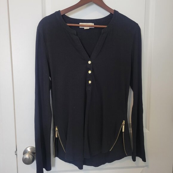 Michael Kors Womens Knit Pullover Top Black w/Gold Long Sleeve Side Zip Medium - Picture 1 of 7